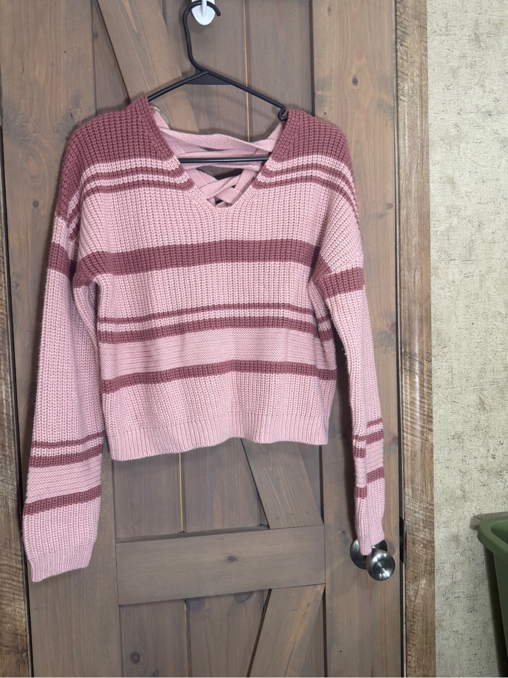 Derek Heart Pink & Rose Striped V-Neck Lace-Up Sweater